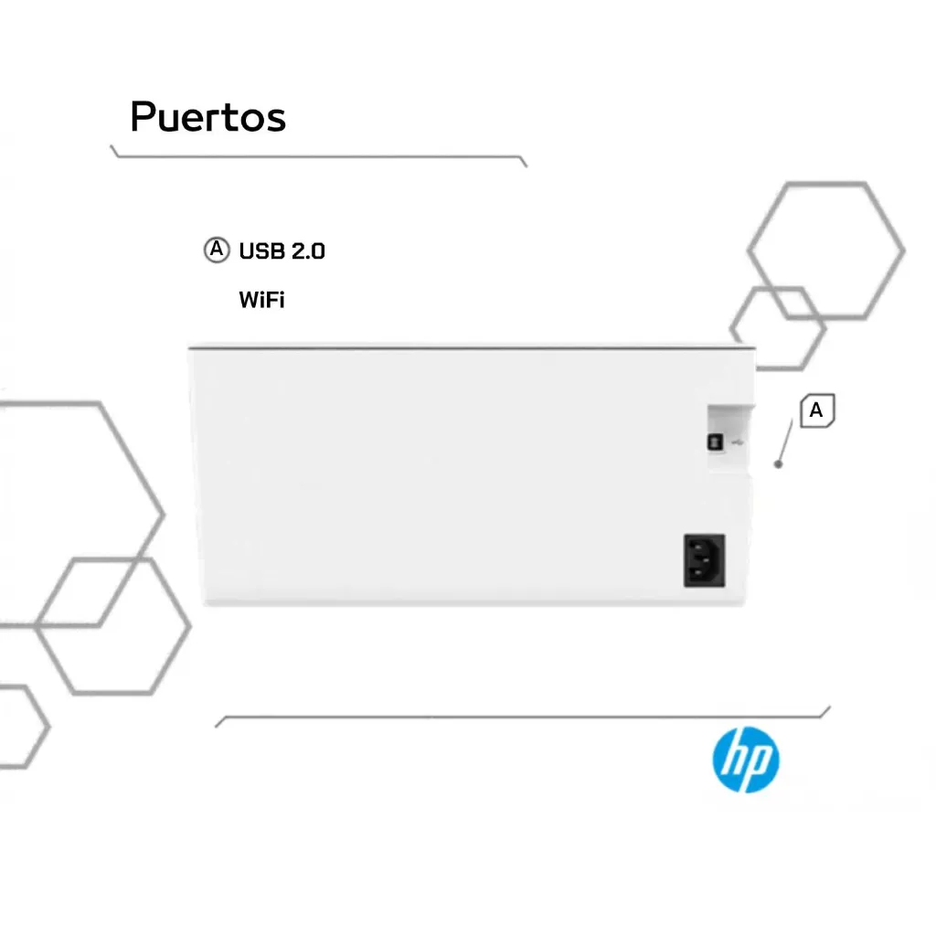 Impresora HP LaserJet M111w con conectividad USB vista posterior