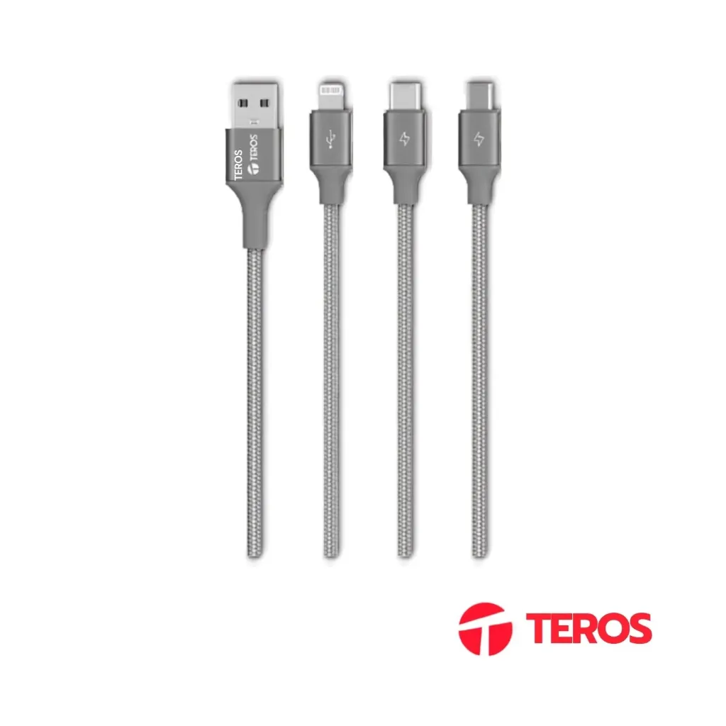 Cable de Carga 3 en 1 Teros TE-70210W USB-A a Tipo C Lightning Micro USB Gris